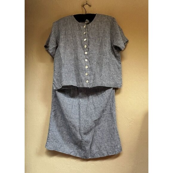 PA Company Boston Linen Houndstooth Short Sleeve Top & Skirt Set Blue Small - Picture 2 of 11